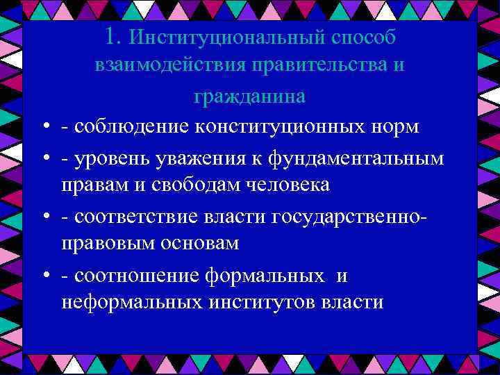 1. Институциональный способ • • взаимодействия правительства и гражданина соблюдение конституционных норм уровень уважения