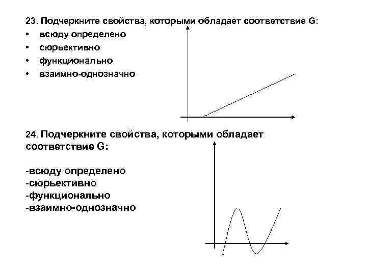 23. Подчеркните свойства, которыми обладает соответствие G: • всюду определено • сюрьективно • функционально