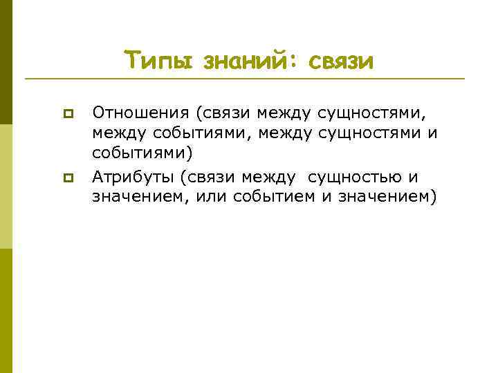 Типы знаний: связи p p Отношения (связи между сущностями, между событиями, между сущностями и