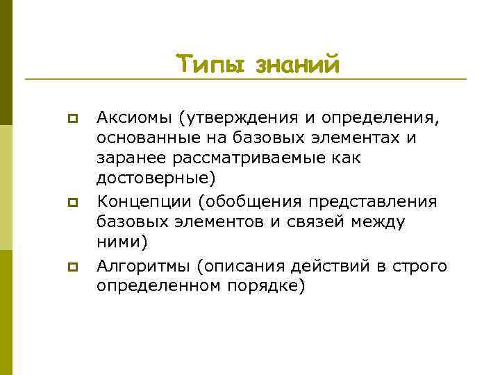 Типы знаний p p p Аксиомы (утверждения и определения, основанные на базовых элементах и