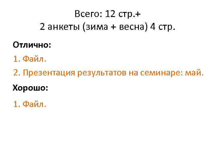  Всего: 12 стр. + 2 анкеты (зима + весна) 4 стр. Отлично: 1.