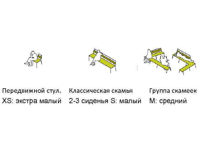 Передвижной стул. Классическая скамья Группа скамеек XS: экстра малый 2 -3 сиденья S: малый