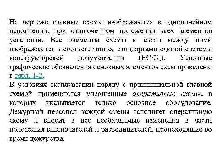 На чертеже главные схемы изображаются в однолинейном исполнении, при отключенном положении всех элементов установки.