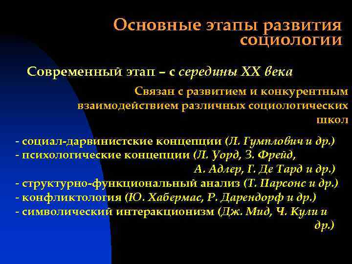 Основные этапы развития социологии Современный этап – с середины XX века Связан с развитием