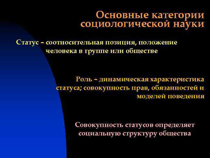 Основные категории социологической науки Статус – соотносительная позиция, положение человека в группе или обществе