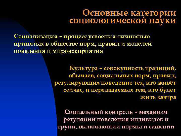 Основные категории социологической науки Социализация – процесс усвоения личностью принятых в обществе норм, правил