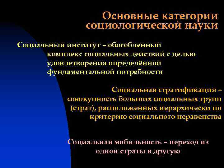 Основные категории социологической науки Социальный институт – обособленный комплекс социальных действий с целью удовлетворения