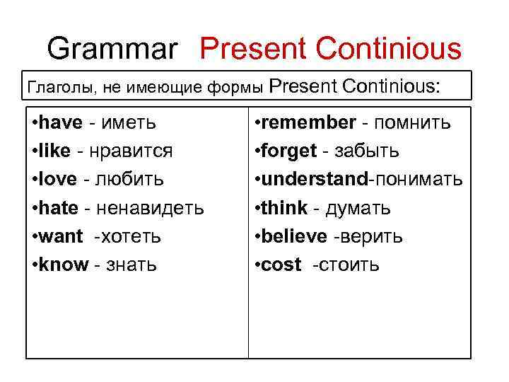 Grammar Present Сontinious Глаголы, не имеющие формы Present Сontinious: • have - иметь •