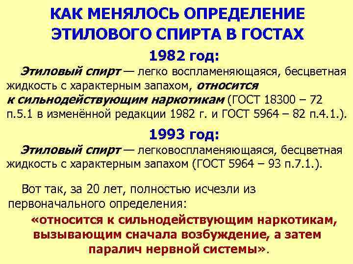 КАК МЕНЯЛОСЬ ОПРЕДЕЛЕНИЕ ЭТИЛОВОГО СПИРТА В ГОСТАХ 1982 год: Этиловый спирт — легко воспламеняющаяся,
