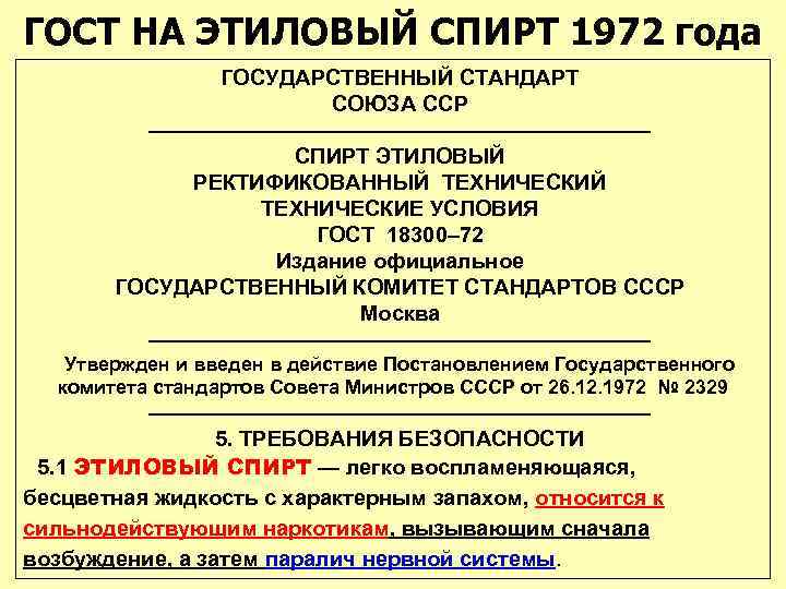 ГОСТ НА ЭТИЛОВЫЙ СПИРТ 1972 года ГОСУДАРСТВЕННЫЙ СТАНДАРТ СОЮЗА ССР ———————————— СПИРТ ЭТИЛОВЫЙ РЕКТИФИКОВАННЫЙ