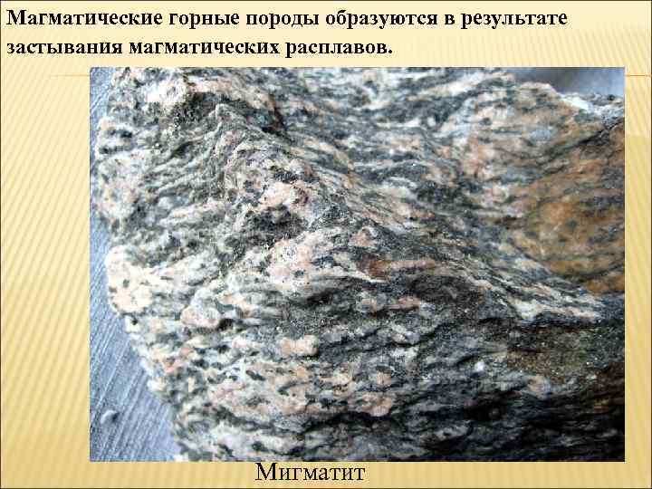 Магматические горные породы образуются в результате застывания магматических расплавов. Мигматит 