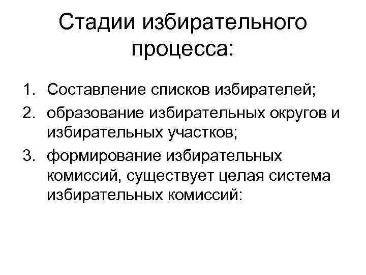 Стадии избирательного процесса: 1. Составление списков избирателей; 2. образование избирательных округов и избирательных участков;