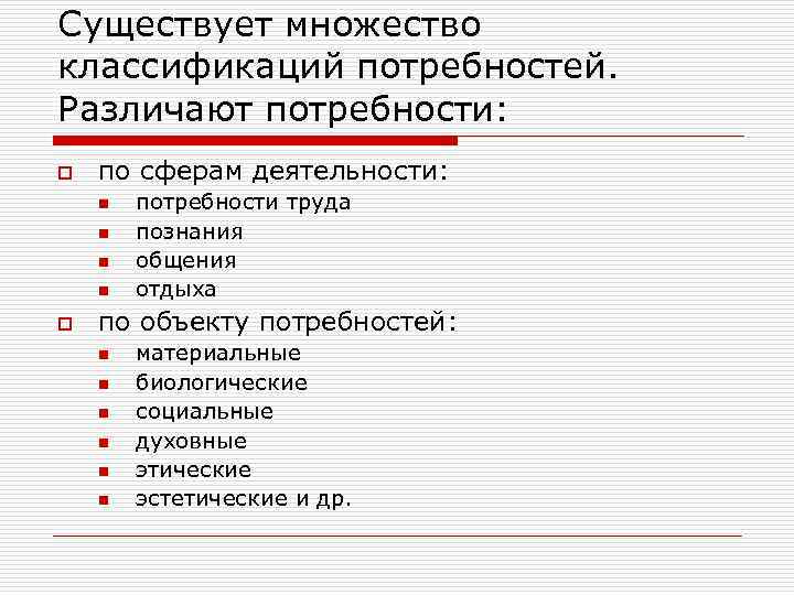 Существует множество классификаций потребностей. Различают потребности: o по сферам деятельности: n n o потребности