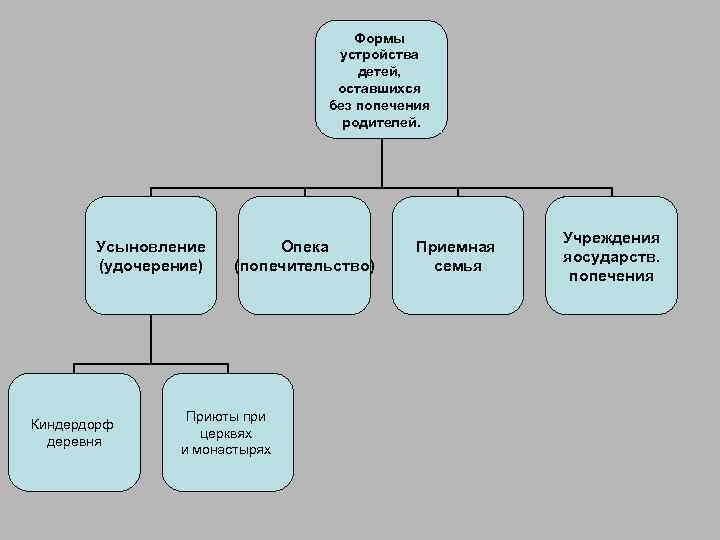 Формы устройства детей, оставшихся без попечения родителей. Усыновление (удочерение) Киндердорф деревня Опека (попечительство) Приюты