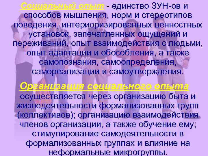 Социальный опыт - единство ЗУН-ов и способов мышления, норм и стереотипов поведения, интериоризированных ценностных