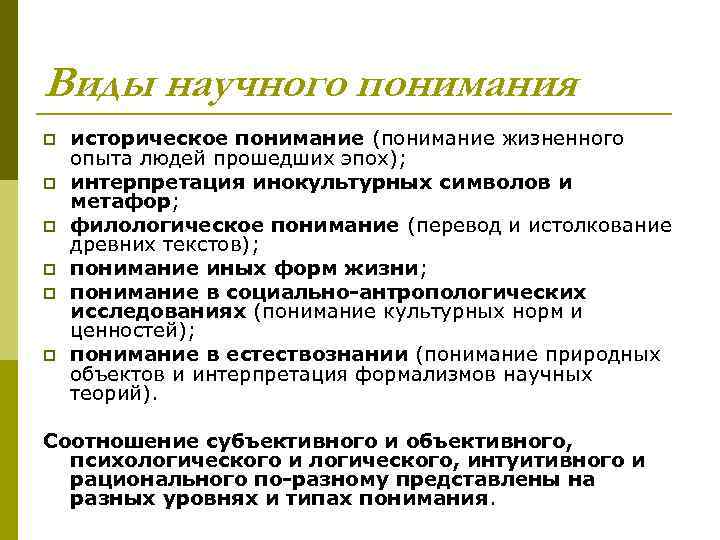 Виды научного понимания p p p историческое понимание (понимание жизненного опыта людей прошедших эпох);