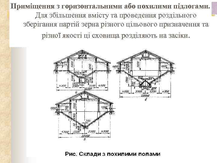 Приміщення з горизонтальними або похилими підлогами. Для збільшення вмісту та проведення роздільного зберігання партій