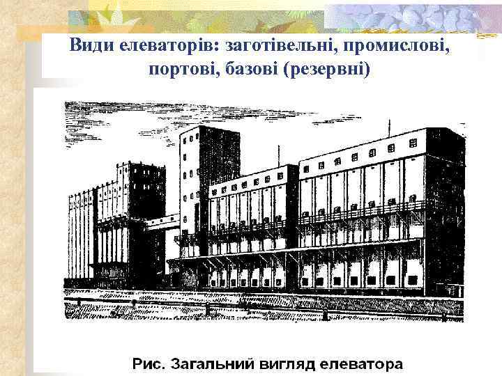 Види елеваторів: заготівельні, промислові, портові, базові (резервні) 