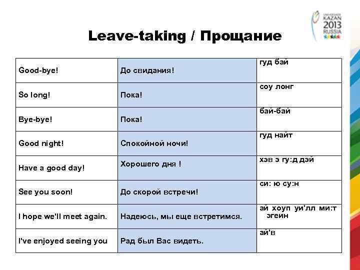 Leave-taking / Прощание Good-bye! So long! Bye-bye! Good night! Have a good day! See