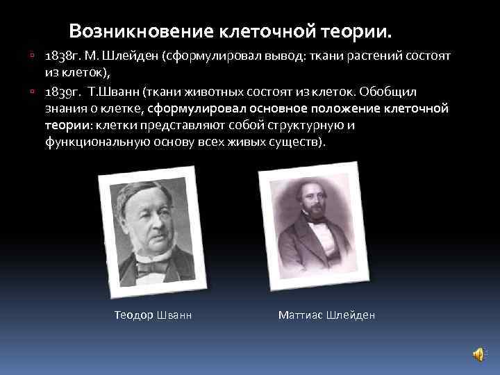  Возникновение клеточной теории. 1838 г. М. Шлейден (сформулировал вывод: ткани растений состоят из