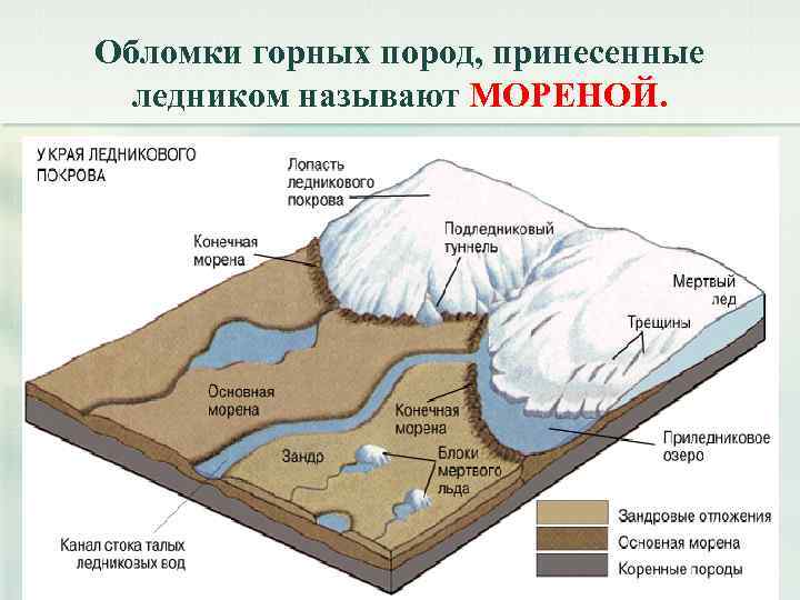 Обломки горных пород, принесенные ледником называют МОРЕНОЙ. 