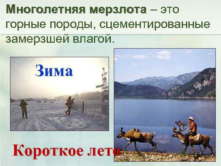 Многолетняя мерзлота – это горные породы, сцементированные замерзшей влагой. Зима Короткое лето 