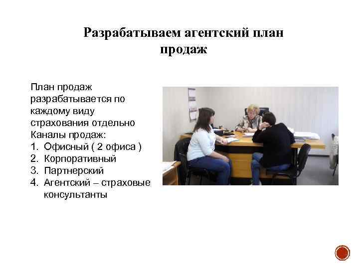 Разрабатываем агентский план продаж План продаж разрабатывается по каждому виду страхования отдельно Каналы продаж: