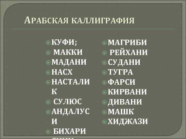 АРАБСКАЯ КАЛЛИГРАФИЯ КУФИ; МАГРИБИ МАККИ РЕЙХАНИ МАДАНИ СУДАНИ НАСХ ТУГРА НАСТАЛИ ФАРСИ К СУЛЮС