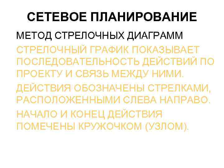 СЕТЕВОЕ ПЛАНИРОВАНИЕ МЕТОД СТРЕЛОЧНЫХ ДИАГРАММ СТРЕЛОЧНЫЙ ГРАФИК ПОКАЗЫВАЕТ ПОСЛЕДОВАТЕЛЬНОСТЬ ДЕЙСТВИЙ ПО ПРОЕКТУ И СВЯЗЬ