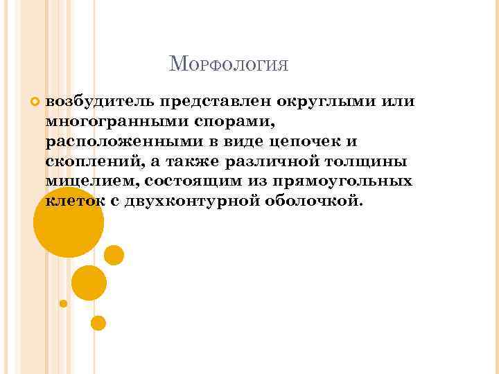 МОРФОЛОГИЯ возбудитель представлен округлыми или многогранными спорами, расположенными в виде цепочек и скоплений, а