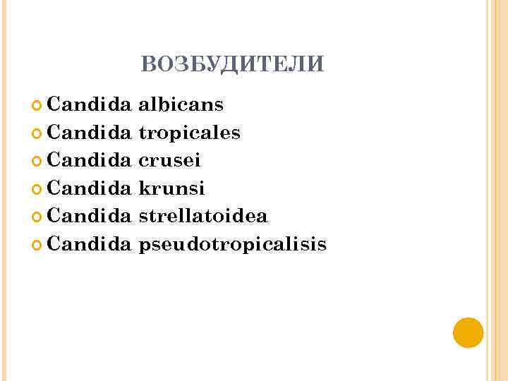 ВОЗБУДИТЕЛИ Candida albicans Candida tropicales Candida crusei Candida krunsi Candida strellatoidea Candida pseudotropicalisis 