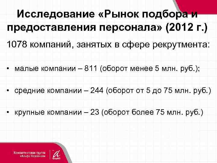 Исследование «Рынок подбора и предоставления персонала» (2012 г. ) 1078 компаний, занятых в сфере