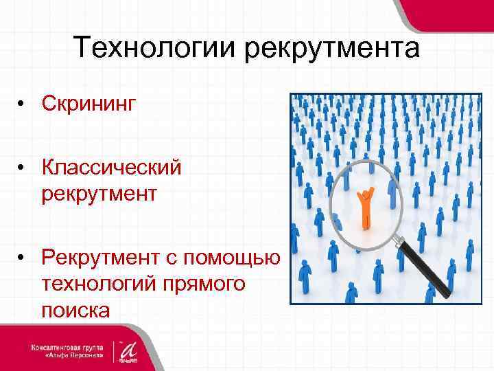 Технологии рекрутмента • Скрининг • Классический рекрутмент • Рекрутмент с помощью технологий прямого поиска