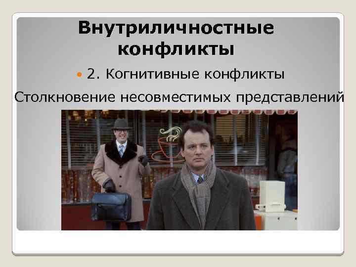 Внутриличностные конфликты 2. Когнитивные конфликты Столкновение несовместимых представлений 