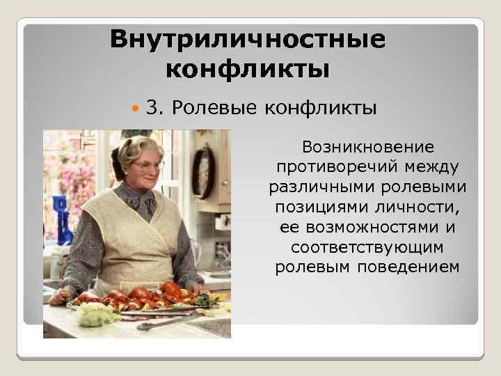 Внутриличностные конфликты 3. Ролевые конфликты Возникновение противоречий между различными ролевыми позициями личности, ее возможностями
