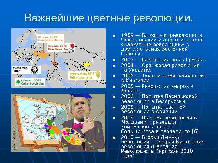 Важнейшие цветные революции. n n n n n 1989 — Бархатная революция в Чехословакии