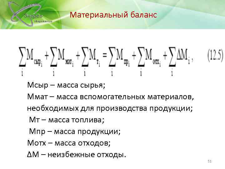 Материальный баланс Мсыр – масса сырья; Ммат – масса вспомогательных материалов, необходимых для производства