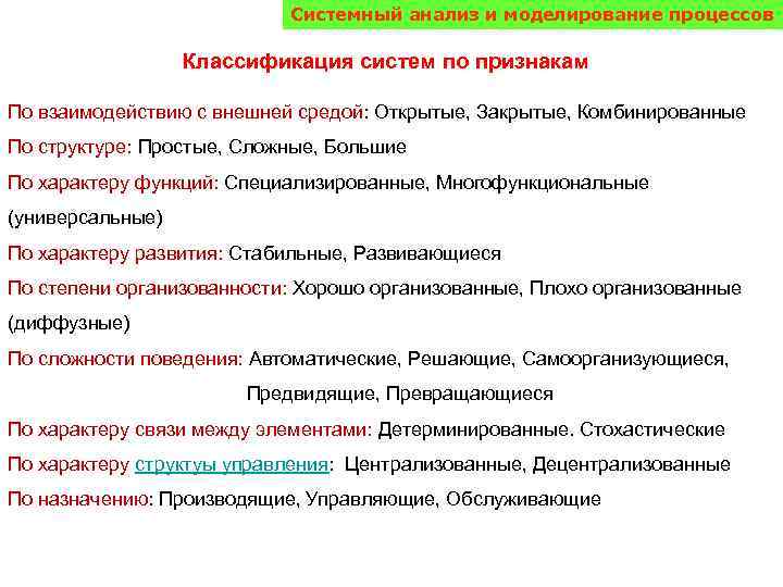 Системного анализа процесса. Моделирование в системном анализе. Классификация процессов моделирования. Классификация систем в системном анализе. Классификация процессов по взаимодействию.