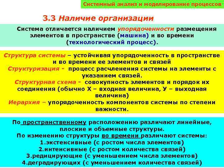 Системный анализ и моделирование процессов 3. 3 Наличие организации Система отличается наличием упорядоченности размещения