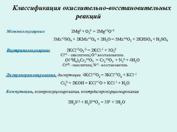  Классификация окислительно-восстановительных реакций Межмолекулярные 2 Mg 0 + O 20 = 2 Mg+2