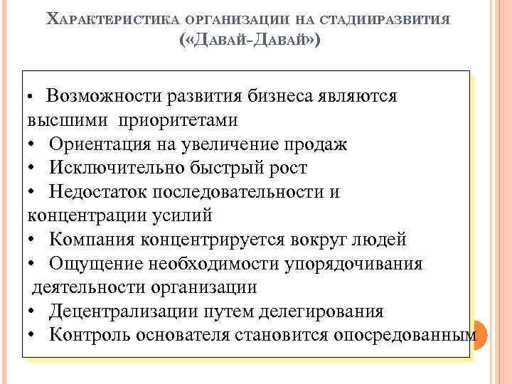 ХАРАКТЕРИСТИКА ОРГАНИЗАЦИИ НА СТАДИИРАЗВИТИЯ ( «ДАВАЙ- ДАВАЙ» ) • Возможности развития бизнеса являются высшими