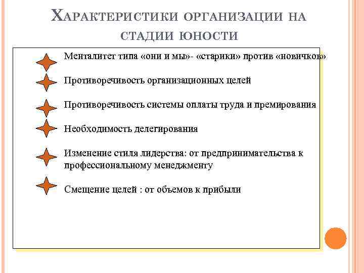 ХАРАКТЕРИСТИКИ ОРГАНИЗАЦИИ НА СТАДИИ ЮНОСТИ Менталитет типа «они и мы» - «старики» против «новичков»
