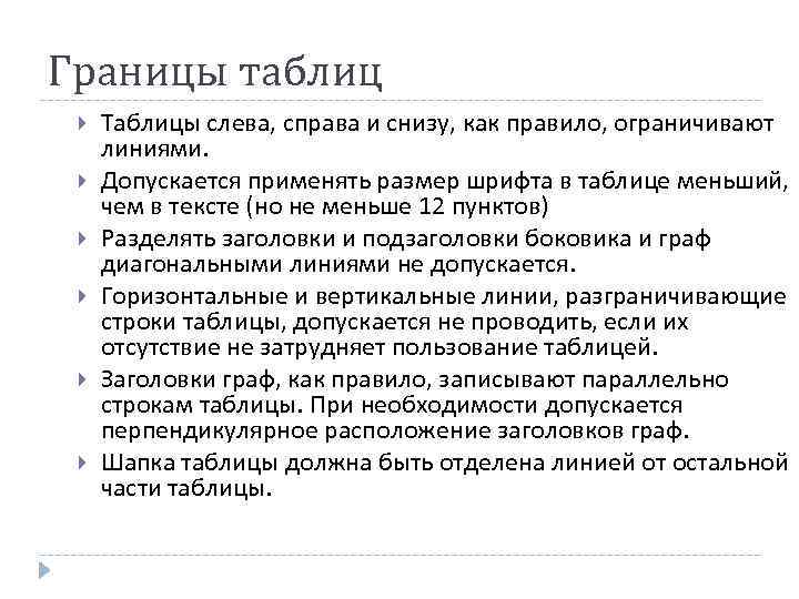 Границы таблиц Таблицы слева, справа и снизу, как правило, ограничивают линиями. Допускается применять размер