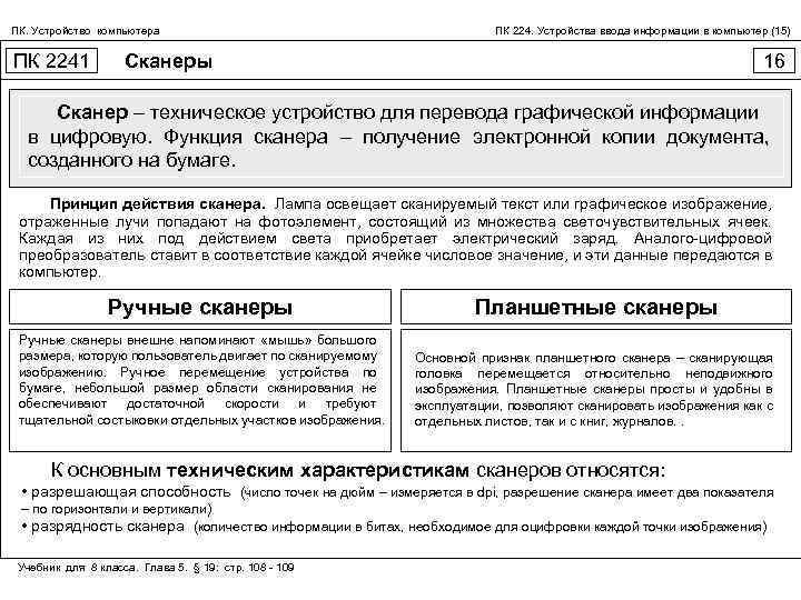 ПК. Устройство компьютера ПК 2241 ПК 224. Устройства ввода информации в компьютер (15) Сканеры