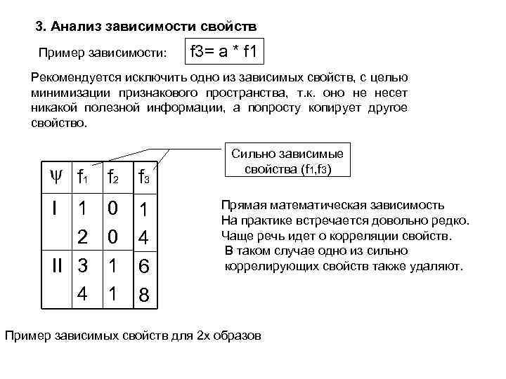 3. Анализ зависимости свойств Пример зависимости: f 3= a * f 1 Рекомендуется исключить
