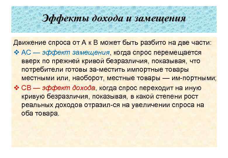 Эффекты дохода и замещения Движение спроса от А к В может быть разбито на