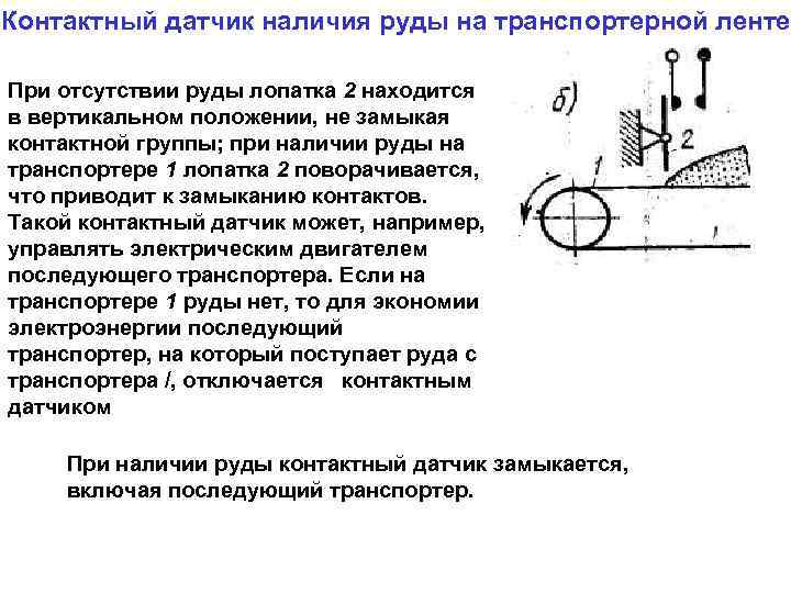 Контактный датчик наличия руды на транспортерной ленте При отсутствии руды лопатка 2 находится в