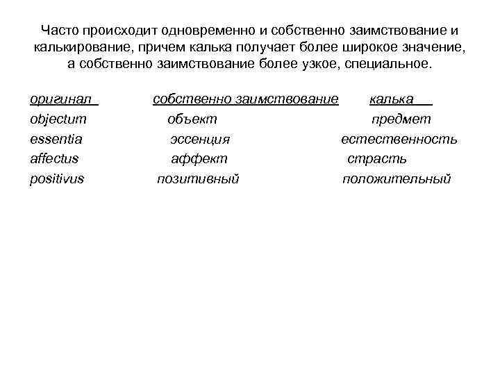 Часто происходит одновременно и собственно заимствование и калькирование, причем калька получает более широкое значение,