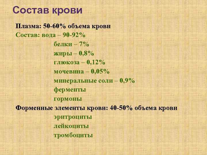 Состав крови Плазма: 50 -60% объема крови Состав: вода – 90 -92% белки –