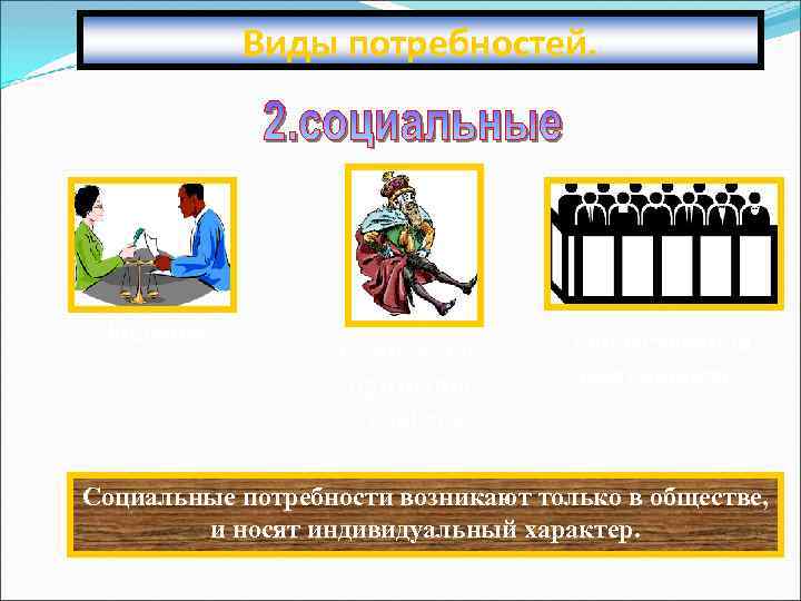 Виды потребностей. Общение Социальное признание, карьера Общественная деятельность Социальные потребности возникают только в обществе,